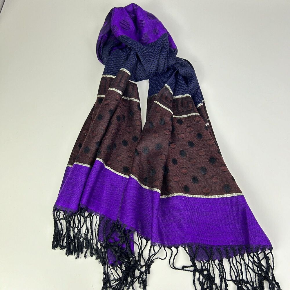 Pashmina Brown‎ Blue Purple Polka Dot 100% Pashmina Fringed Tassel Scarf